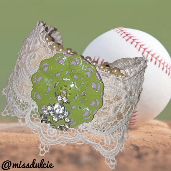 Upcycled Leather Baseball Cuff Lace Rhinestones - Picture 8 of 8